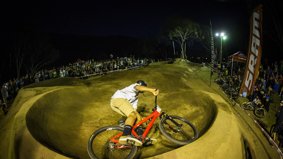 Dave McMillan riding high on the Pump Track, photo by Tim Bardsley-Smith